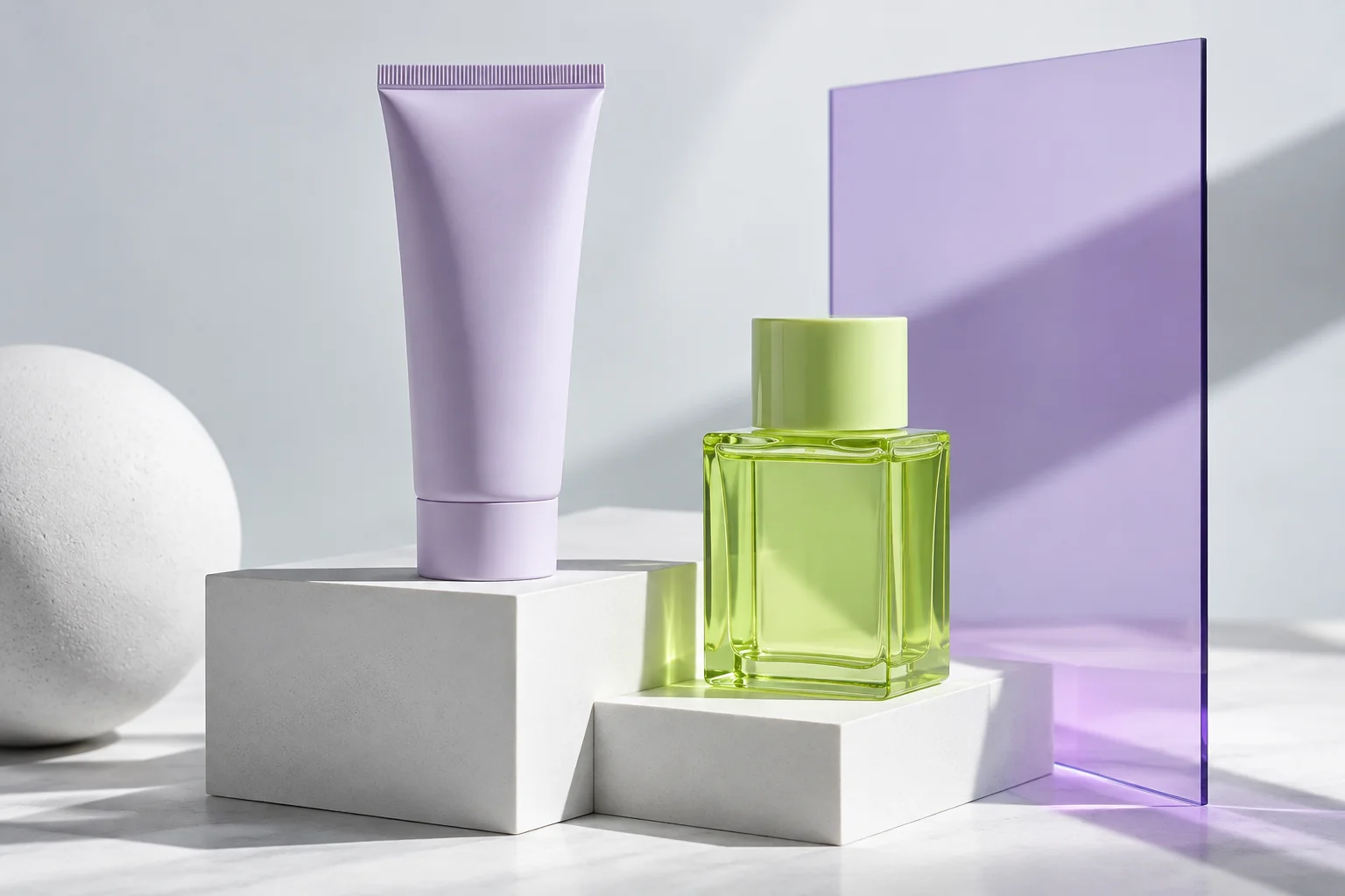 Unbranded lilac tube and translucent lime bottle arranged on white blocks with a lavender acrylic panel